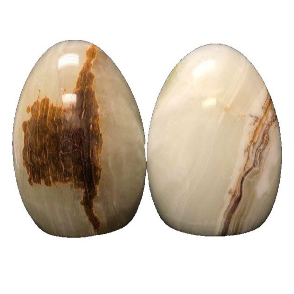 Vintage Polished Onyx Stone Oval Bookends Pair Cream Brown Veined Natural Stone